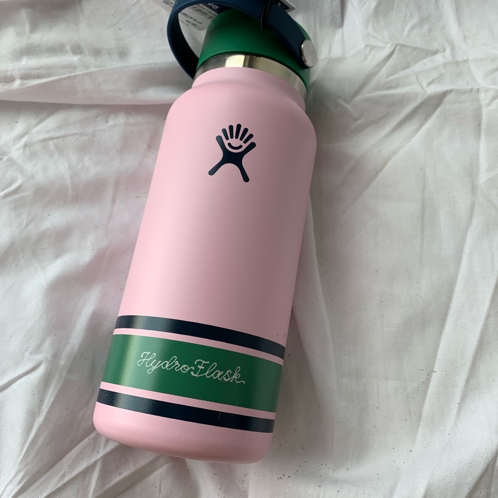 Hydro Flask Pink Water Bottle with Green and Navy Accents